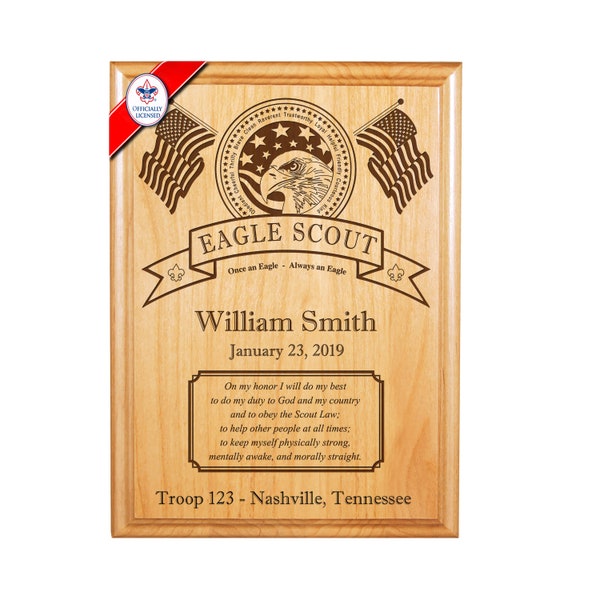 BSA Licensed - Eagle Scout Alder Plaque - 8" x 10" or 9" x 12"