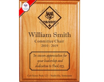 BSA Licensed - Cub Scout Leader or Member Recognition Plaque - CS Emblem & Ranks - 8" x 10" or 9" x 12" Alder