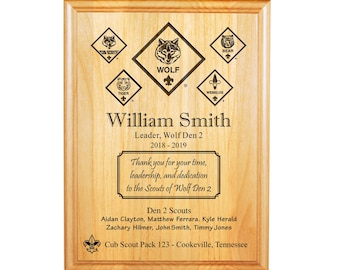 Cub Scout Wolf Den Leader Plaque - SC Rank Insignia + Scout Names - - 8"X10" or 9"X12" Laser Engraved Alder Wood - Officially Licensed