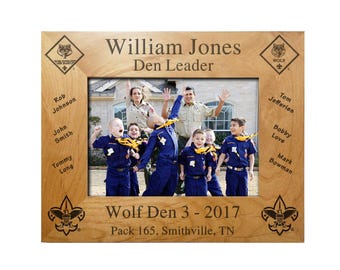 Wolf Den Leader Plaque Frame - Cub Scout Rank Insignia and Scout Names - 4X6, 5X7, or 8X10 Laser Engraved Alder - Officially Licensed