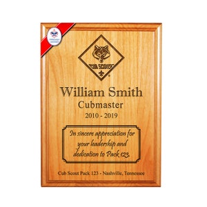 BSA Licensed - Cub Scout Leader or Pack Member Recognition Plaque - CS Emblem - 8" x 10" or 9" x 12" Alder