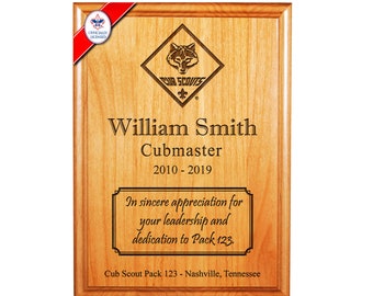 BSA Licensed - Cub Scout Leader or Pack Member Recognition Plaque - CS Emblem - 8" x 10" or 9" x 12" Alder