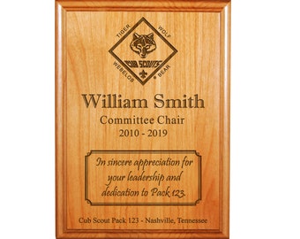 Cub Scout Leader or Committee Recognition Plaque - CS Emblem with Ranks - 8"X10" or 9"X12" Laser Engraved Alder Wood - Officially Licensed