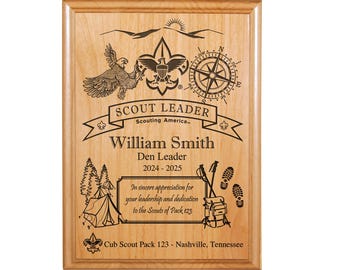 Troop Leader, Cub Scout Leader,  or Member Plaque - Outdoor Theme - 8"X10" or 9"X12" Laser Engraved Alder Wood - Officially Licensed