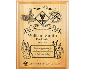 Cub Scout Leader or Member Plaque - Outdoor Theme - 8"X10" or 9"X12" Laser Engraved Alder Wood - Officially Licensed