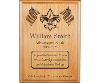 Pack or Troop Scout Leader or Committee Member Recognition Plaque-Emblem W/Flags - 8"X10" or 9"X12" Engraved Alder Wood-Officially Licensed