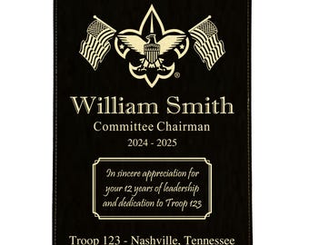 Scout Leader or Committee Member Recognition Plaque- Metalic Gold/Black 8"X10" or 9"X12" Engraved Leatherette Plaque-Officially Licensed