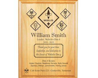 Webelos Den Leader Plaque - Cub Scout Rank Insignia (Webelos center) + Names - 8"X10" or 9"X12" Laser Engraved Alder - Officially Licensed