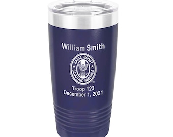 Eagle Scout Tumbler - Blue Powder Coated Stainless Steel Vacuum Insulated Tumbler with Sure Grip - 20 oz - Eagle Rank - Officially Licensed