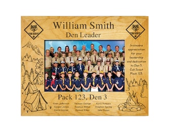 Cub Scout Leader or Committee Plaque Frame - Outdoor Theme With Scout Names - 4X6, 5X7, or 8X10 Laser Engraved Alder - Officially Licensed