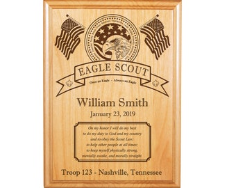 Eagle Scout Plaque - Eagle with Flags - 8"X10" or 9"X12" Laser Engraved Alder Wood - Officially Licensed