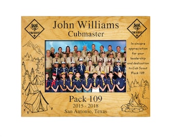 Cub Scout Leader or Committee Member Plaque Frame - Outdoor Theme - 4X6, 5X7, or 8X10 Laser Engraved Alder Wood - Officially Licensed
