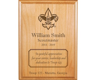 Troop or Pack Scout Leader or Committee Member Recognition Plaque - Org Emblem - 8"X10" or 9"X12" Engraved Alder Wood - Officially Licensed