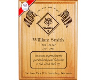 BSA Licensed - Cub Scout Leader or Member Recognition Plaque with Flags - 8" x 10" or 9" x 12" Alder