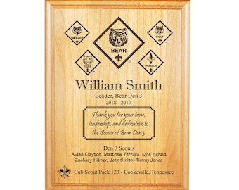 Bear Den Leader Plaque - Cub Scout Rank Insignia (Bear Center) with Names - 8"X10" or 9"X12" Laser Engraved Alder Wood - Officially Licensed