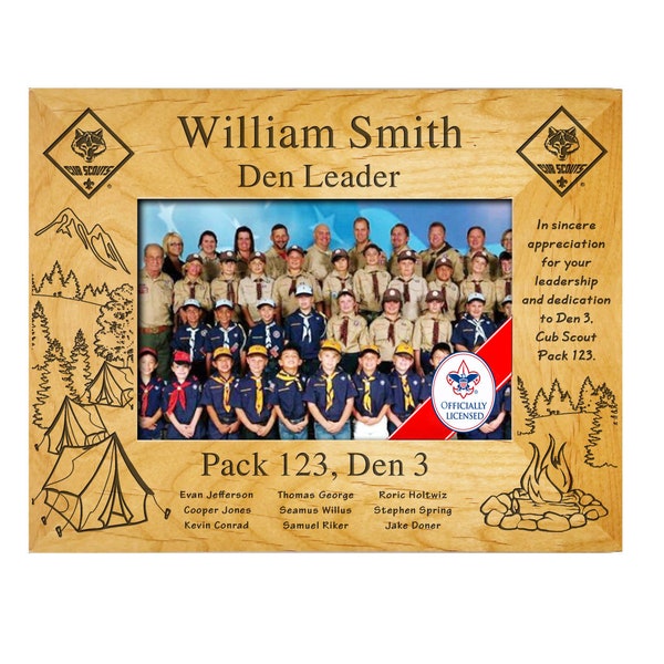 Scout Leader Plaque Frame - "Outdoors Theme" Frame- Cub Scouts - With Den Scout's Names - BSA Licensed - 4 x 6, 5 x 7, or 8 x 10