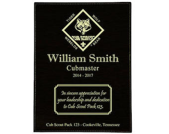 Cub Scout Leader or Committee Member Recognition Plaque - 8"X10" or 9"X12" Laser Engraved Leatherette Plaque - Officially Licensed