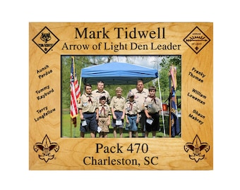 Arrow of Light Den Leader Plaque Frame - Cub Scout and AOL Emblem + Names - 4X6, 5X7, or 8X10 Laser Engraved Alder - Officially Licensed