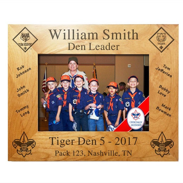 Scout Leader Plaque Frame - Tiger Den with Rank Insignia and Scout Names - BSA Licensed - 4 x 6, 5 x 7, or 8 x 10