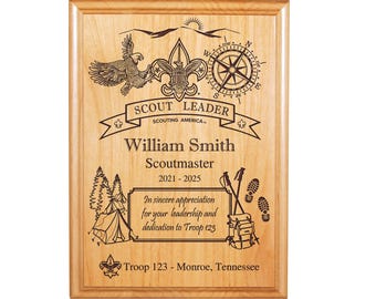 Scout Leader or Committee Member Plaque - Outdoors Theme - 8"X10" or 9"X12" Alder Wood - Officially Licensed