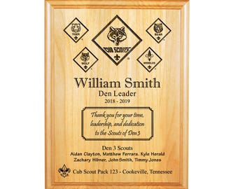 Cub Scout Leader or Committee Member Plaque - CS Rank Insignia w/ Scout Names - 8"X10" or 9"X12" Laser Engraved Alder - Officially Licensed