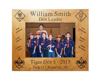 Cub Scout Leader Plaque Frame - Tiger Den with Rank Insignia and Scout Names - 4X6, 5X7, or 8X10 Laser Engraved Alder - Officially Licensed