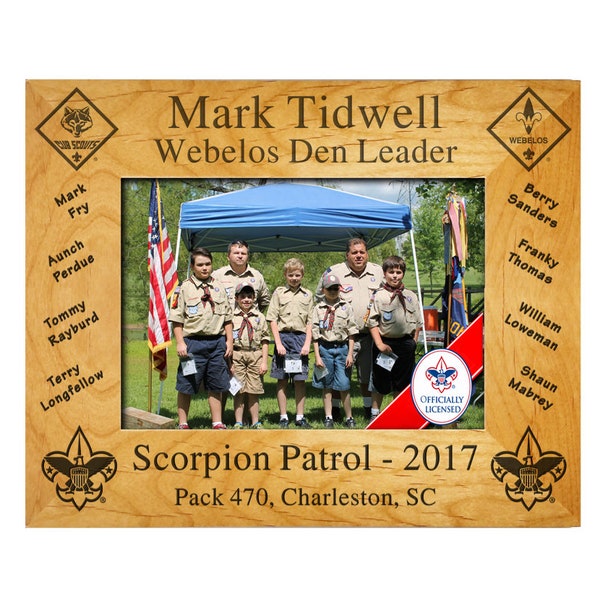 Den Leader Plaque Frame with Scout Rank Insignia and Scout Names- Webelos - BSA Licensed -  - 4 x 6, 5 x 7, or 8 x 10