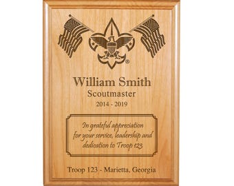Pack or Troop Scout Leader or Committee Member Recognition Plaque-Emblem W/Flags - 8"X10" or 9"X12" Engraved Alder Wood-Officially Licensed
