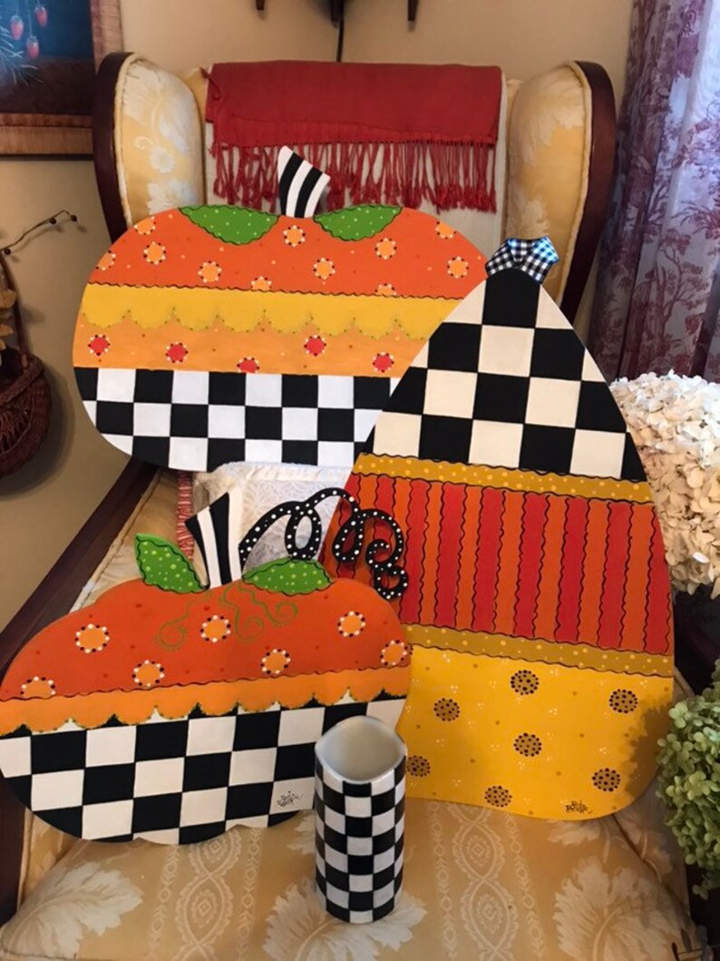 Black and White Check Wood Pumpkin Door Hanger Etsy