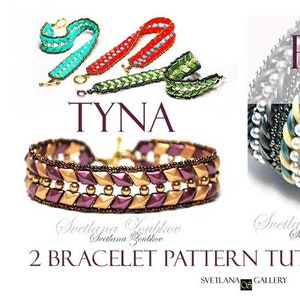 Könnte beinhalten: Zwei Perlenarmbandmuster, Tyna und Riletta, sind auf diesem Bild zu sehen. Das Tyna-Muster ist ein einfaches, geometrisches Design mit goldenen und violetten Perlen. Das Riletta-Muster ist ein komplexeres Design mit einer Vielzahl von Farben und Perlen.