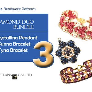 May include: A bundle of three beadwork patterns: Cystallina Pendant, Sunna Bracelet, and Tyna Bracelet. The image displays finished jewelry pieces, including a red and gold bracelet, a blue and gold pendant, and a brown and gold bracelet. The text "DIAMOND DUO BUNDLE" is also visible.