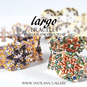 May include: Close-up of two beaded bracelets with intricate patterns. The bracelets are made with a variety of colors, including gold, brown, green, and white. The text "largo BRACELET PATTERN AND TUTORIAL" is displayed above the bracelets.
