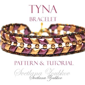 May include: A gold and burgundy beaded bracelet with the text "TYNA BRACELET PATTERN & TUTORIAL Svetlana Zoubkov Svetlana Zoubkov"
