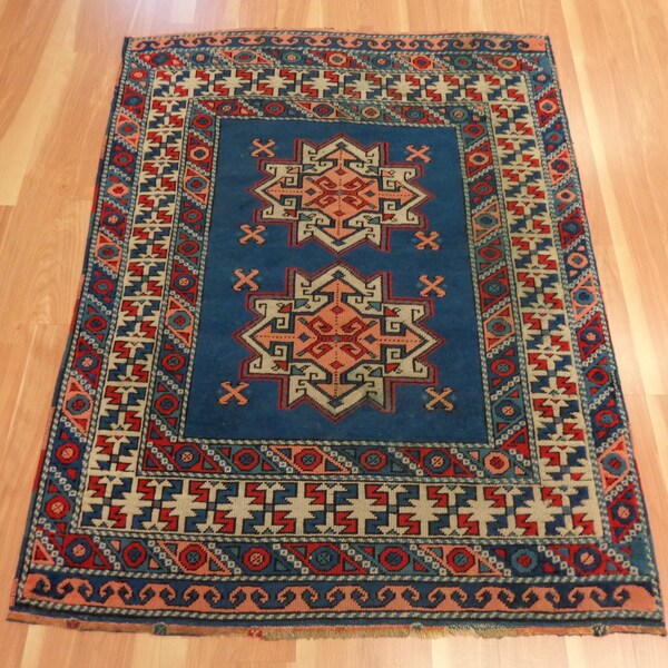 Turkish Rug Blue Oriental Rug 3' 5 x 4' 5 Bergama Vintage Rug