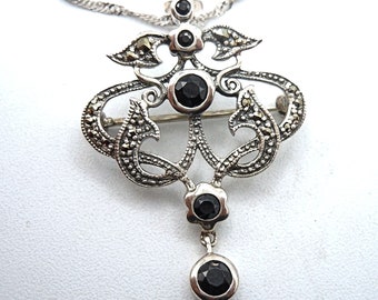 925 zilveren Art Nouveau hanger/broche met onyx en marcasieten