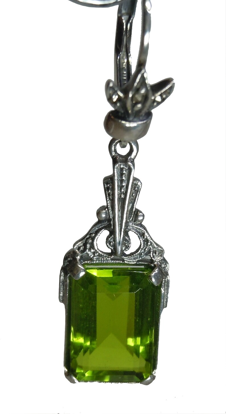 925 Silver Peridot Art Nouveau Hanging Earrings with Hand-framed Markaites