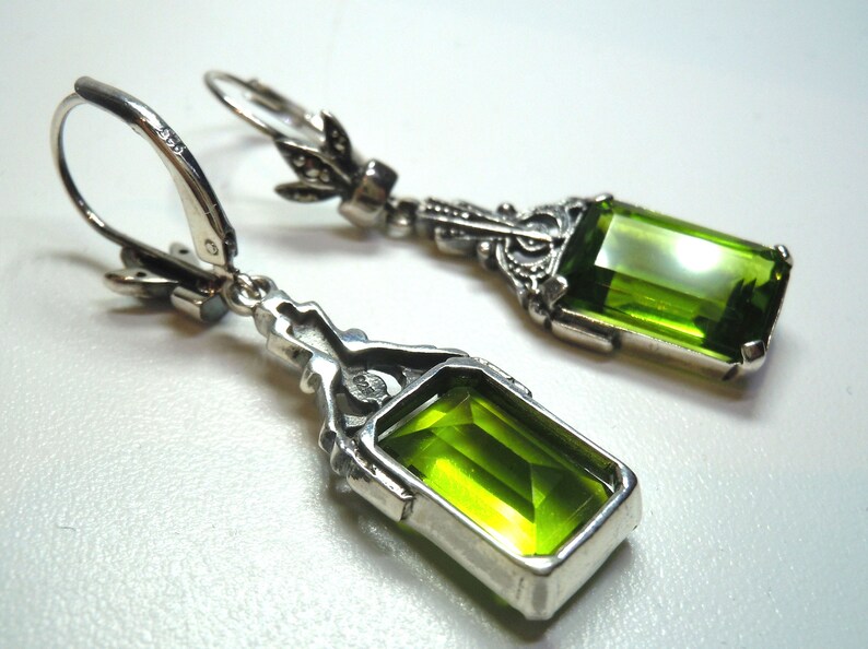 925 Silver Peridot Art Nouveau Hanging Earrings with Hand-framed Markaites