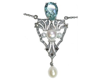 Noble 925 Zilveren Aqamarin Art Nouveau ketting met parels