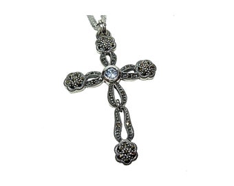 Silver Art Nouveau Marcasite Cross Pendant with Aquamarine on Chain