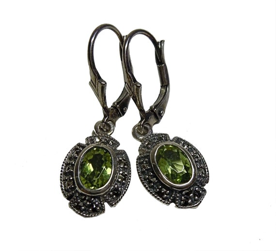 Peridot Art Nouveau pendant earrings with Markasit
