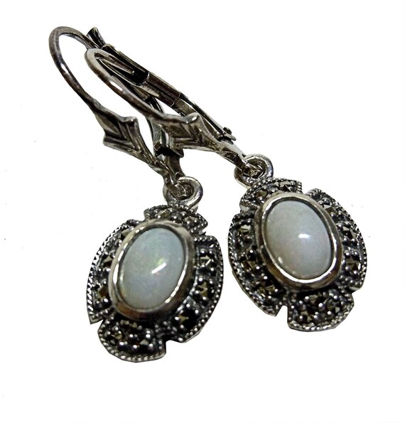 Opal Art Nouveau hanging earrings with markasites