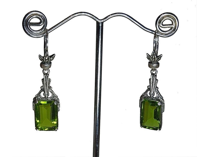 925 Silver Peridot Art Nouveau Hanging Earrings with Hand-framed Markaites