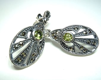 925 Silber Peridot ART DECO Ohrringe mit Markasiten