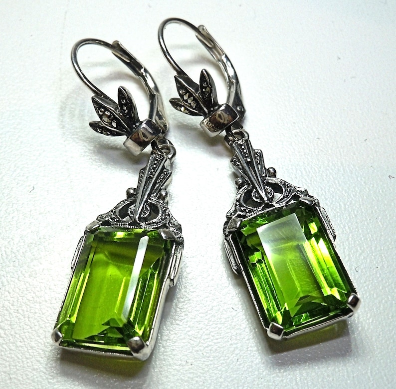 925 Silver Peridot Art Nouveau Hanging Earrings with Hand-framed Markaites