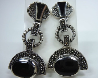 ART DECO silver earrings with marcasite and onyx
