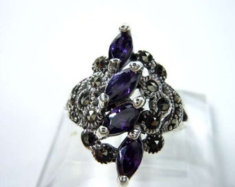 Amethyst Art Nouveau Navette Ring with Marcasite