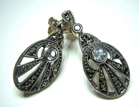ART DECO Silber Hänge Ohrringe mit Aquamarin in Ovalschliff