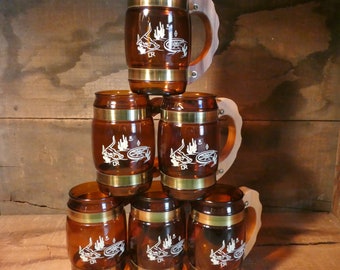 Vintage 1960s Siesta Ware western barrel amber glass mugs with wood handle- set of 6