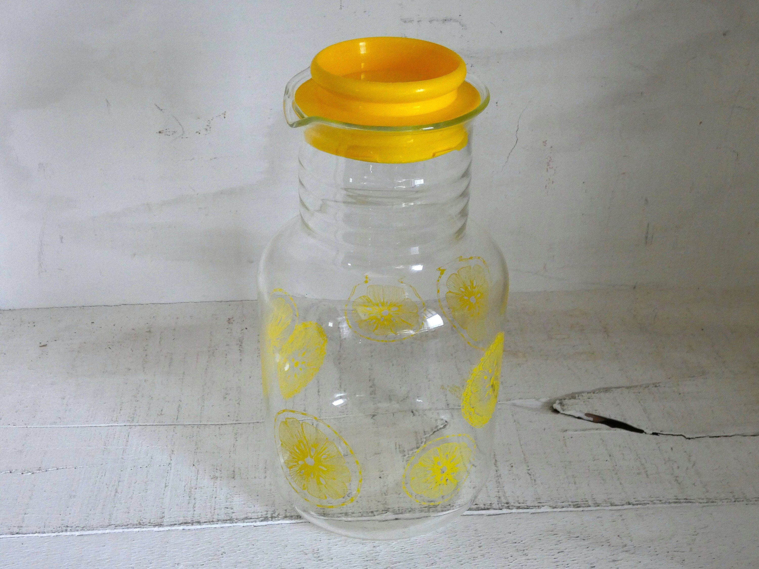 Vintage 70s Retro Yellow Glass Juice Pitcher Jar Decanter yellow