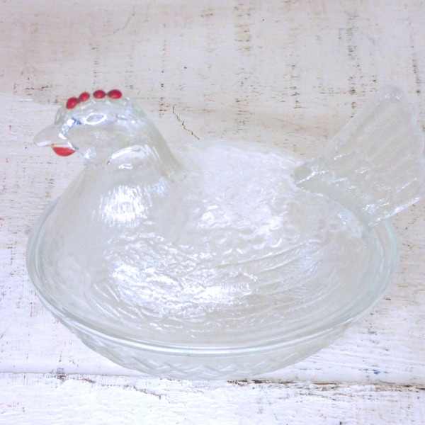 Vintage clear glass chicken hen on nest dish with lid